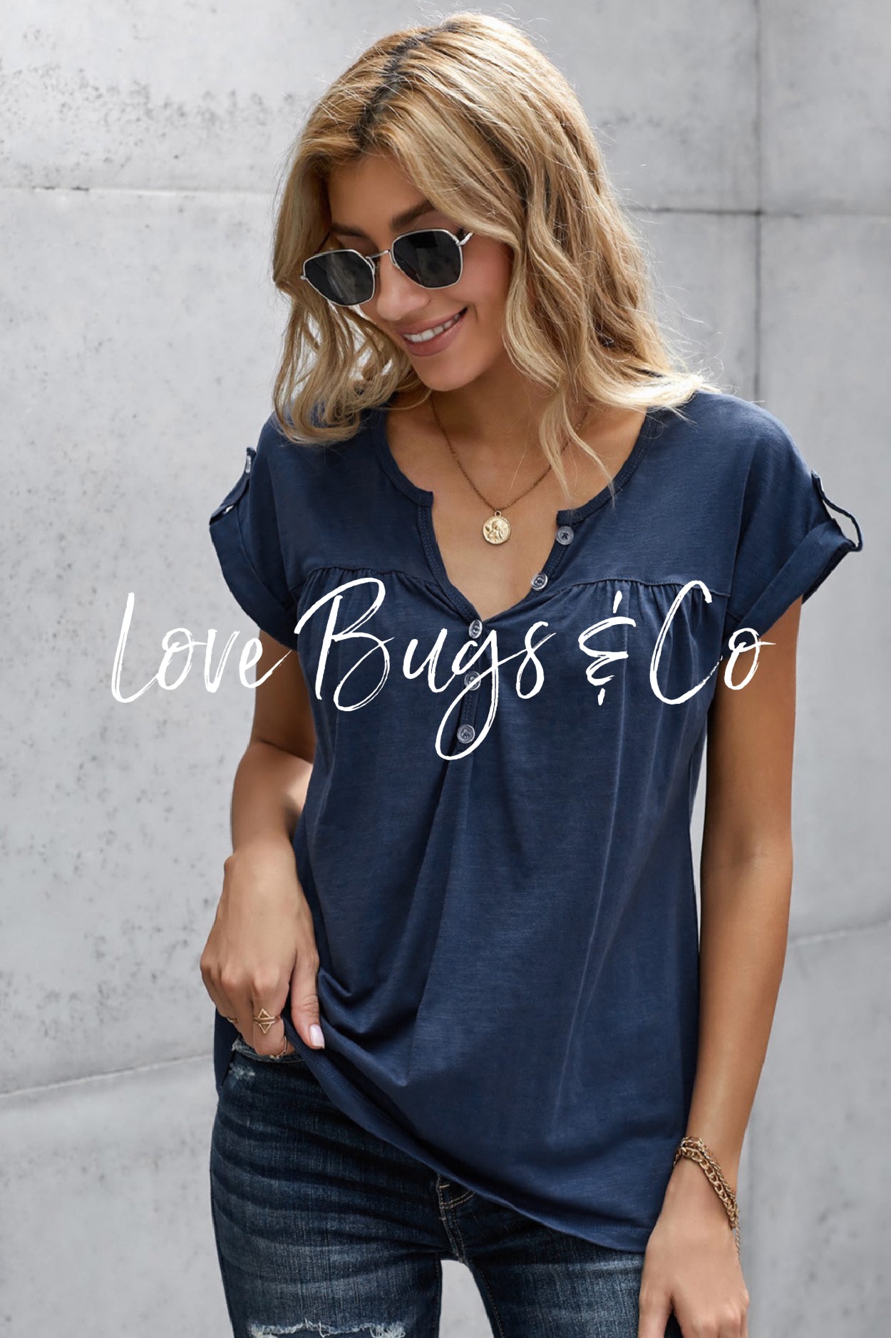 Blue Buttoned Detail Cotton Blend Short Sleeve T-shirt